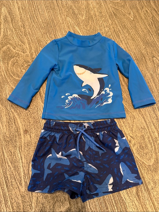 Carter's Other - Carter’s Blue Shark Rash Guard Set for Kids - Long Sleeve Swim Top & Shorts
